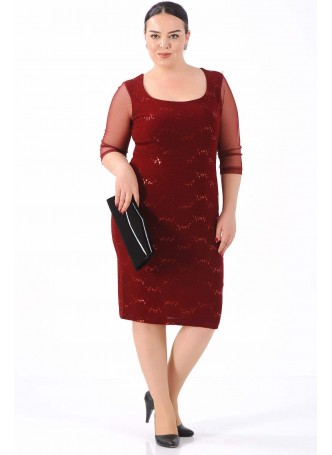 Pullu Payetli Tül Kol Büyük Beden Bordo Elbise
