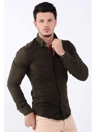 Siyah Desenli Kabartma Haki Gömlek