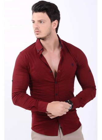 Siyah Nokta Desen Bordo Gömlek