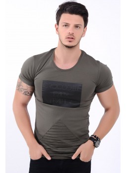 Baskılı Etek Tırtık Haki T-Shirt