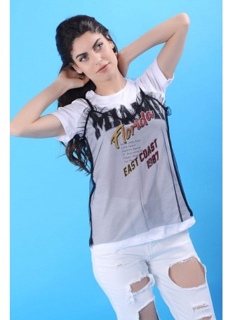 Miami Baskılı Tül Detay Beyaz T-Shirt