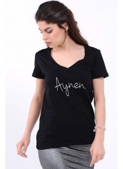 Baskı Yazılı siyah T-Shirt