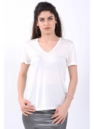 V Yaka Beyaz T-Shirt