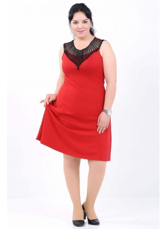 Tül Yaka Geniş Etek Büyük Beden Kırmızı Elbise