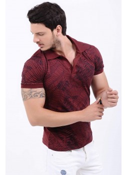 Siyah Desenli Polo Yaka Bordo T-Shirt