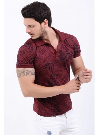 Siyah Desenli Polo Yaka Bordo T-Shirt