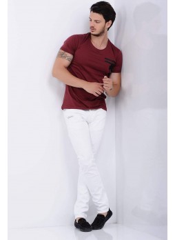Kesikli Taşlı Beyaz Denim
