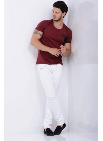 Kesikli Taşlı Beyaz Denim