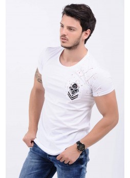 Cep Püskürtme Baskılı Beyaz T-Shirt