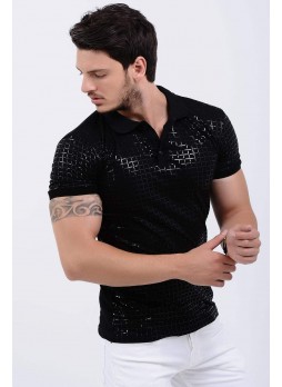 Kabartma Desenli Polo Yaka Siyah T-Shirt