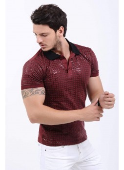 Kabartma Baskılı Polo Yaka Bordo T-Shirt