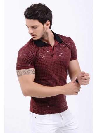 Kabartma Baskılı Polo Yaka Bordo T-Shirt