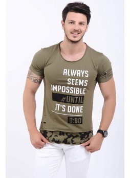 Baskı Desenli Omuz Cep Haki T-Shirt