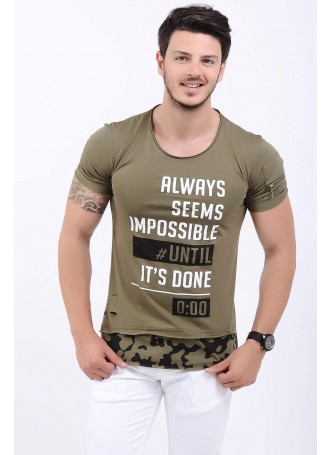 Baskı Desenli Omuz Cep Haki T-Shirt