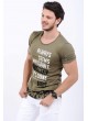 Baskı Desenli Omuz Cep Haki T-Shirt
