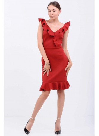 Kalp Yaka Fırfırlı Bordo Elbise