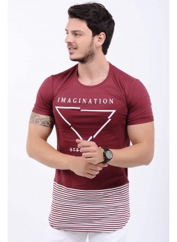 Etek Çizgi Baskılı Bordo T-Shirt