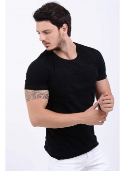 Üst File Detay Kabartma Baskı Siyah T-Shirt