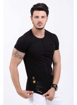 Kesik Cep Armalı Siyah T-Shirt