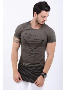 Etek Çizgi Baskılı Haki T-Shirt