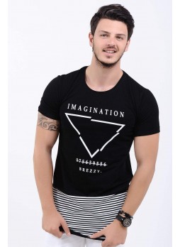 Etek Çizgi Baskılı Siyah T-Shirt