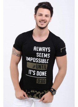 Baskı Desenli Omuz Cep Siyah T-Shirt
