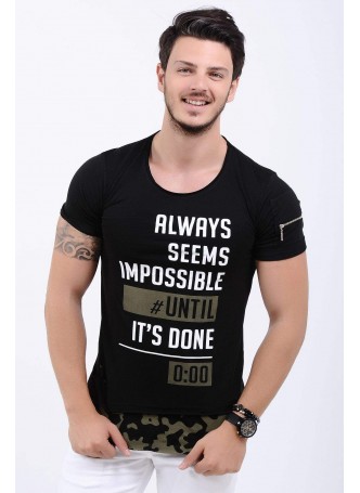Baskı Desenli Omuz Cep Siyah T-Shirt