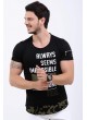 Baskı Desenli Omuz Cep Siyah T-Shirt
