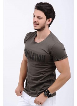 Kabartma Yazı Haki T-Shirt