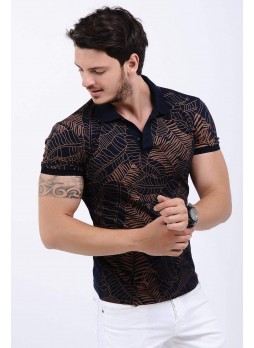 Turuncu Desenli Polo Yaka Lacivert T-Shirt