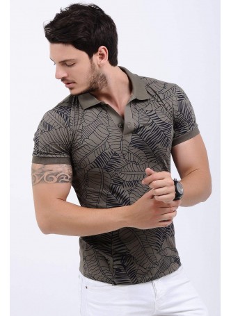Siyah Desenli Polo Yaka Haki T-Shirt