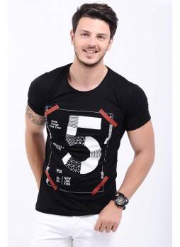 Beş Baskı Desenli Siyah T-Shirt