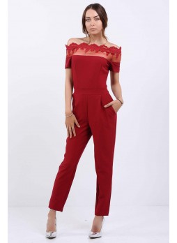 Dantel Kayık Yaka Bordo Tulum