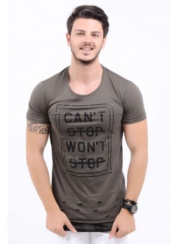 Stop Baskılı Etek Kesik Haki T-Shirt