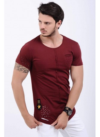 Cep Kesikli Armalı Bordo T-Shirt