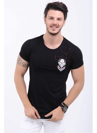 Cep Püskürtme Baskılı Siyah T-Shirt