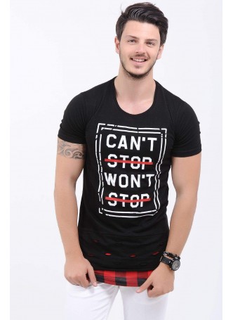 Stop Baskılı Etek Kesik Siyah T-Shirt