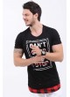 Stop Baskılı Etek Kesik Siyah T-Shirt