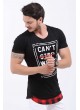 Stop Baskılı Etek Kesik Siyah T-Shirt