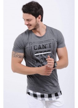 Stop Baskılı Etek Kesik Gri T-Shirt