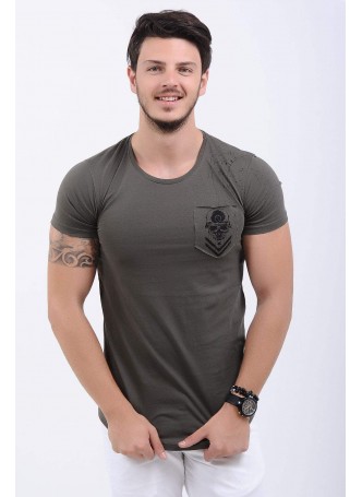 Cep Püskürtme Baskılı Haki T-Shirt
