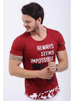 Baskı Desenli Omuz Cep Kırmızı T-Shirt