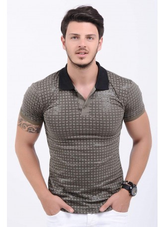 Kabartma Desenli Polo Yaka Haki T-Shirt