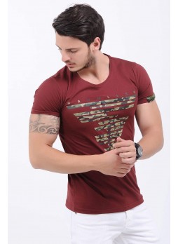 Kamuflaj Baskı Bordo T-Shirt