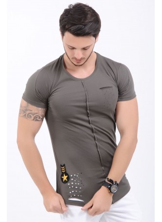 Cep Kesikli Armalı Haki T-Shirt