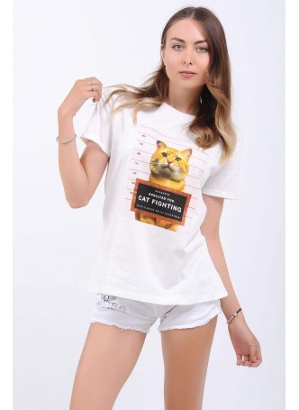 Cat Baskılı Beyaz T-Shirt