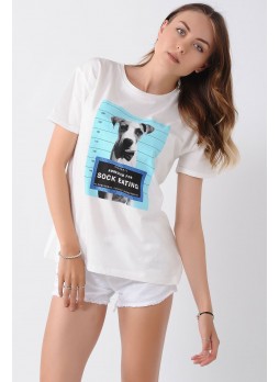 Dog Baskılı Beyaz T-Shirt
