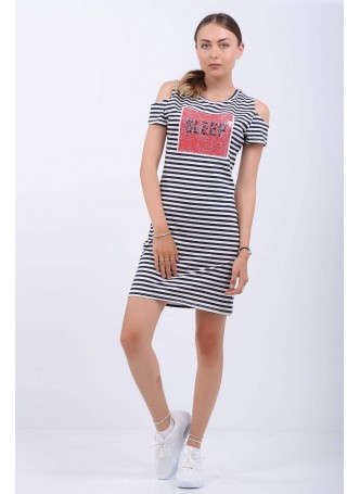 Pullu Baskı Omuz Açık Çizgili Elbise