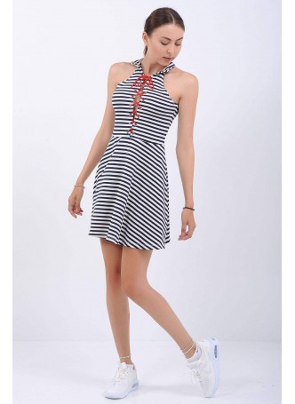 Ön Bağacıklı Çizgili Elbise
