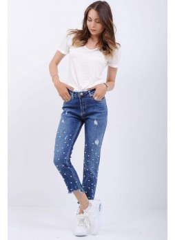 Taşlı Kesikli Açık Mavi Denim